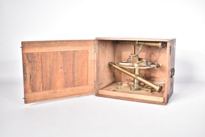 a small wooden box with a telescope inside of it