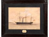 une vieille peinture représentant un bateau sur l'eau, arborant un drapeau