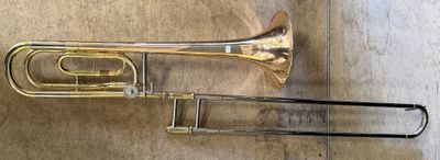 a brass instrument that is laying on the floor