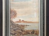 an oil painting of a beach scene with rocks and trees