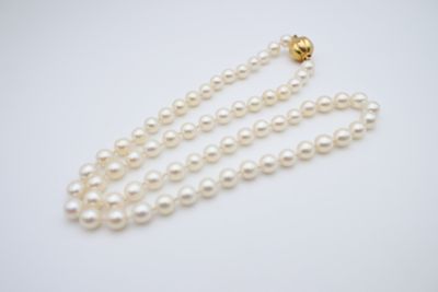a close up of a white pearl necklace on a white surface