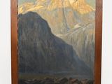 une peinture à l'huile représentant une scène de montagne avec un lac au premier plan