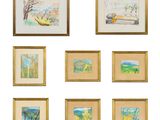 six framed watercolor paintings of trees and a bench on a white background