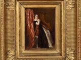 une image représentant un tableau d'une femme en robe noire, dans un cadre doré