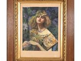 un tableau représentant une femme en robe jaune tenant un verre
