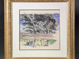 an image of a watercolor painting of trees in a field
