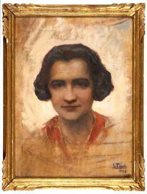 an old painting of a woman in a red shirt