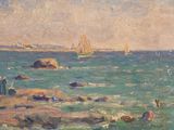 a painting of people on the beach by the water