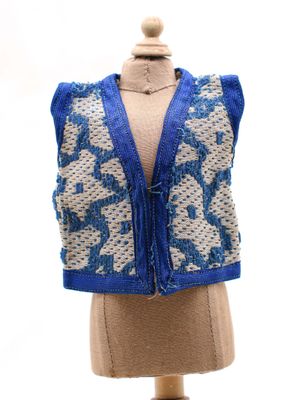 une photo d'un gilet bleu et blanc sur un mannequin