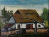 an oil painting of a house with a thatched roof and a swing