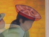 painting of two people with hats and sunflowers in front of a yellow background