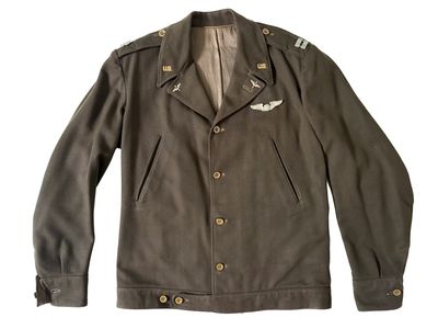 the jacket is brown and has a white bird on it