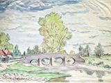 dessin représentant un tableau d'un pont sur une rivière, avec une maison en arrière-plan
