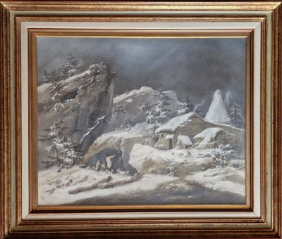 une peinture à l'huile représentant un paysage de montagne avec une maison au premier plan