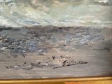 a painting of a boat in the water on the beach