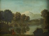 painting of a man and a woman in a landscape by a river