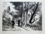 dessin au crayon représentant un groupe de personnes marchant sur un sentier dans les bois