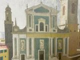 a painting of a church with a clock tower in the background