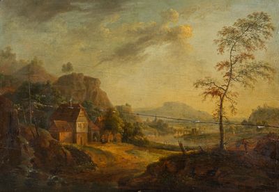 an image of a painting of a landscape with a house and a tree
