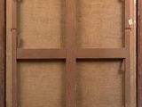 a close up of an old wooden cabinet with a glass door