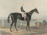 a painting of a man riding a horse in a field