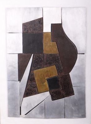 abstract painting of a vase and a knife on a table