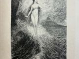 a black and white drawing of a woman standing on a wave