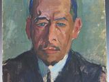 painting of a man in a suit and tie in front of a green background