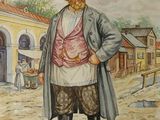 a painting of a man standing in front of a building