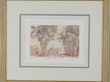 painting of a road with trees and a building in the distance