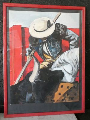 painting of a man in a cowboy hat with a sword in his hand