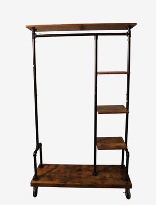 a wooden and metal rack with shelves on wheels on a white background