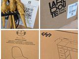 several pictures of a box containing a desk with a bird on it