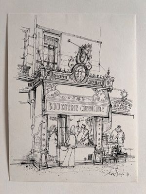 dessin représentant un magasin de vélos situé à l'angle d'une rue