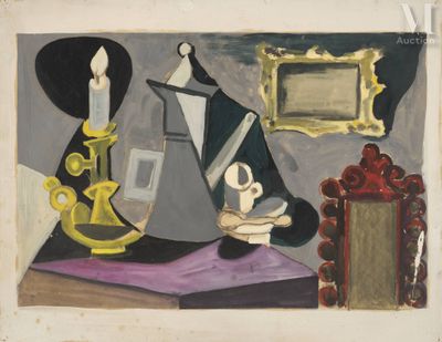 l'image d'un tableau représentant une table avec un vase et une bougie