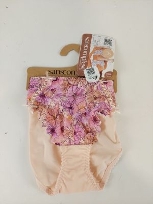 the panties are pink and have flowers on them on a hanger