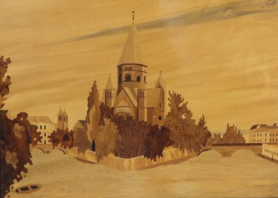 une photo d'un tableau représentant une église sur une colline