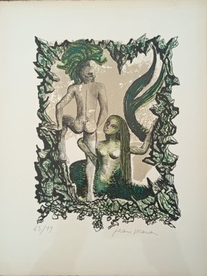 painting of a mermaid and a man in a frame on a wall