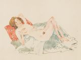 drawing of a nude woman laying on a chair with her legs crossed