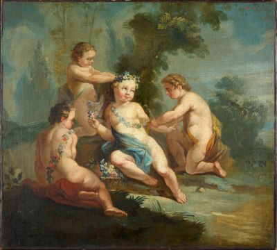 an image of a painting of a group of nudes in a wooded setting