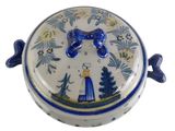 a blue and white bowl with a blue bow on it
