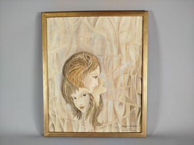 tableau représentant une femme et un enfant dans un champ d'herbes hautes