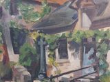an oil painting of a street scene with a lamp post and buildings