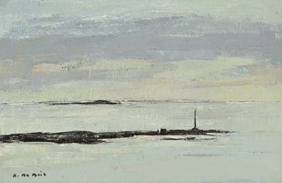 une peinture représentant un phare au milieu d'un plan d'eau