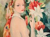 an oil painting of a woman holding a bouquet of flowers