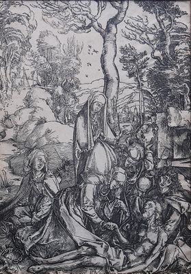 drawing of a group of people in a wooded area with trees