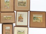 several framed pictures of a variety of different landscapes in a wooden frame