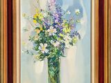 a painting of flowers in a vase on a table