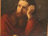 un vieux tableau représentant un homme barbu vêtu d'une chemise rouge