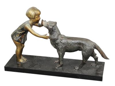 ECOLE XXème, "Fillette et son chien", groupe en régule patin… - Photo 1